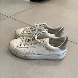 Golden Goose White Leather Low-Top Sneakers with Tan heel